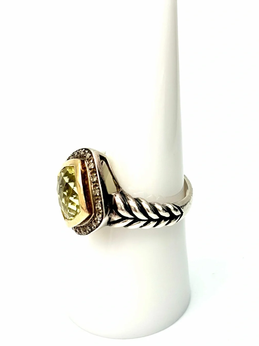 Lemon Quartz Cable Ring - 14K Gold and 925 Sterling Silver Yellow Gem Diamond